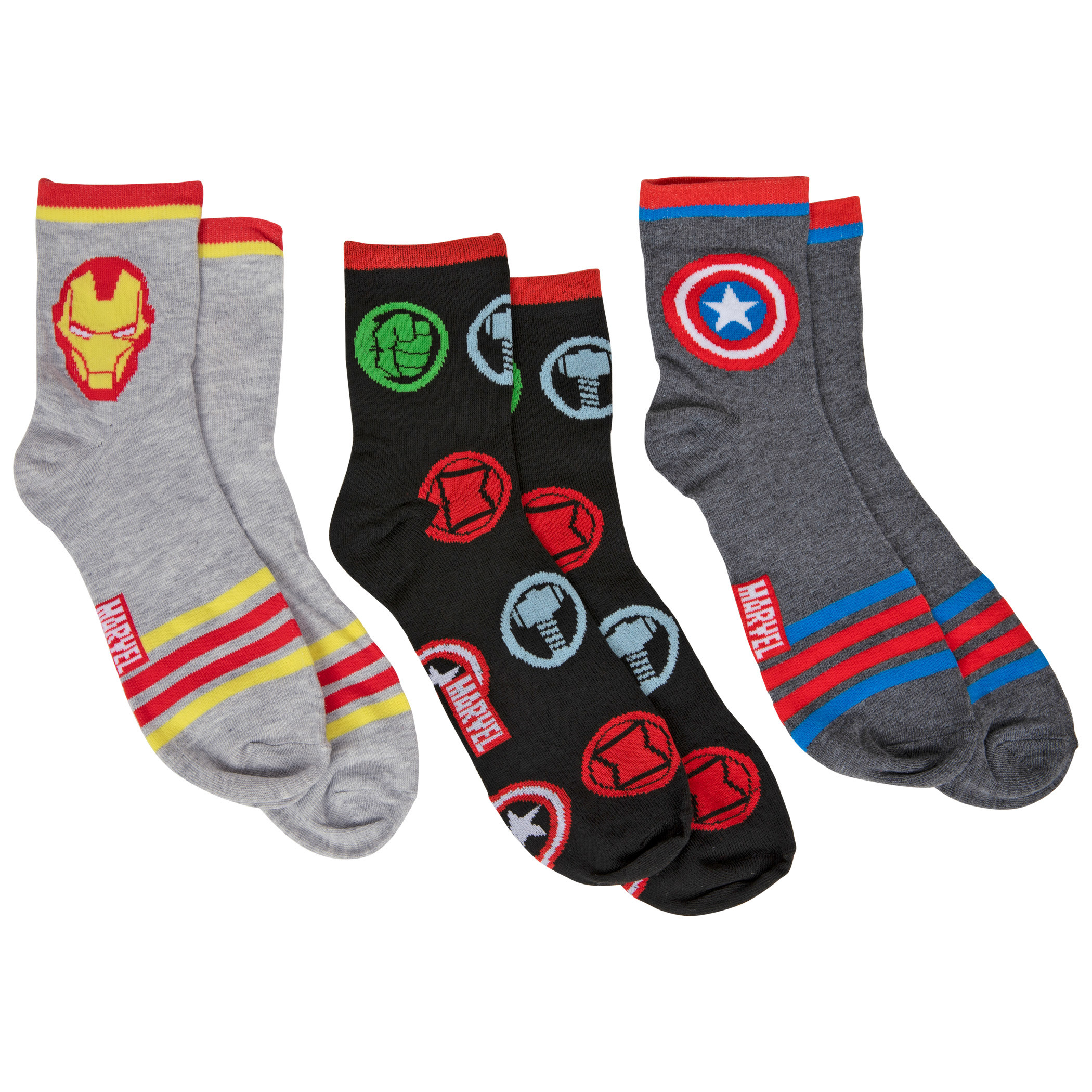 Captain America, Iron Man and Avengers Logo 3-Pack 3/4 Crew Socks